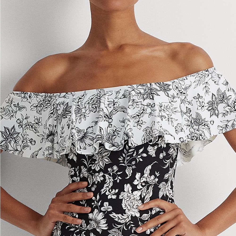 Ralph Lauren Black and White Floral Off-Shoulder bathing suit